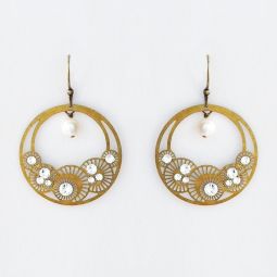 Vintage Brass Hoop Earrings, Crystals, Pearl SALE!!