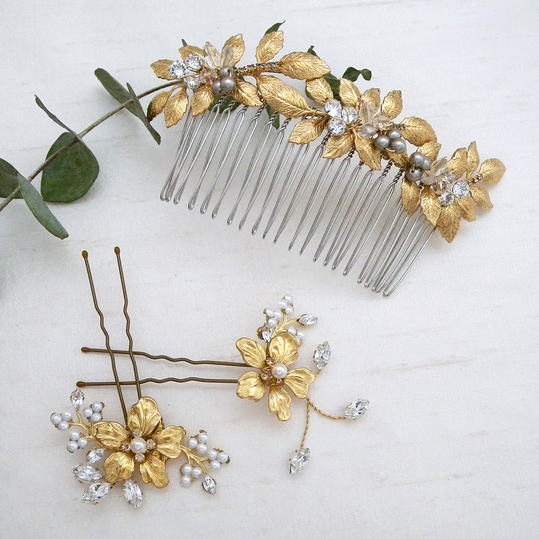 SNDaccessoriesINC Bridal Ivory Pearl Hair Pins Set of 5, Pearl Wedding Gold Headpiece, Bridal Pearl Hair Accessories, Floral Design, Gold Hair Pins