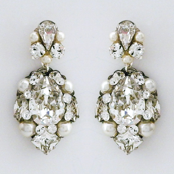 Cheryl King Bridal Jewelry | Crystal Teardrop Earrings with Pearls