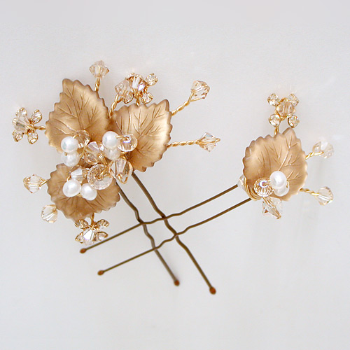 Laura Jayne Gold Foliage Hairpins, Champagne, Pearls, Crystals