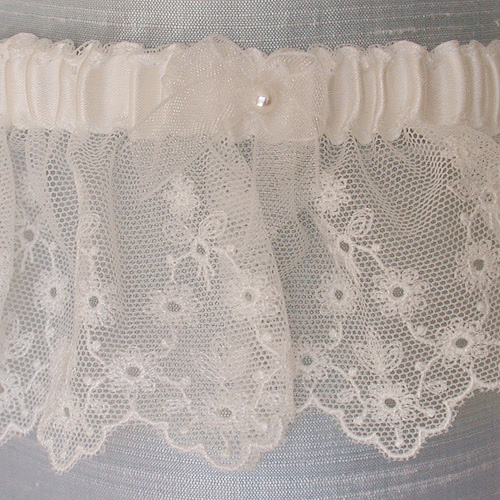 Designer Wedding Garters; Embroidered Tulle, white, ivory